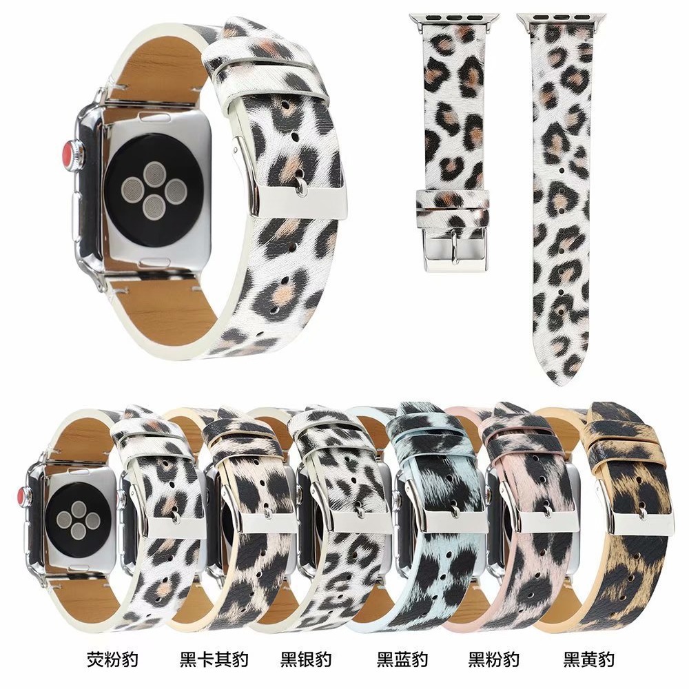 适用于苹果apple watch4彩绘印花豹纹皮车线表带 iwatch5/6代表带