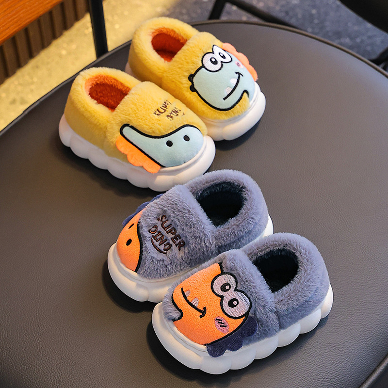 Zapatillas de algodón de invierno para niños y niñas, bolsas de calentamiento con dinosaurios de pelusa antideslizante, zapatos de algodón para padres e hijos