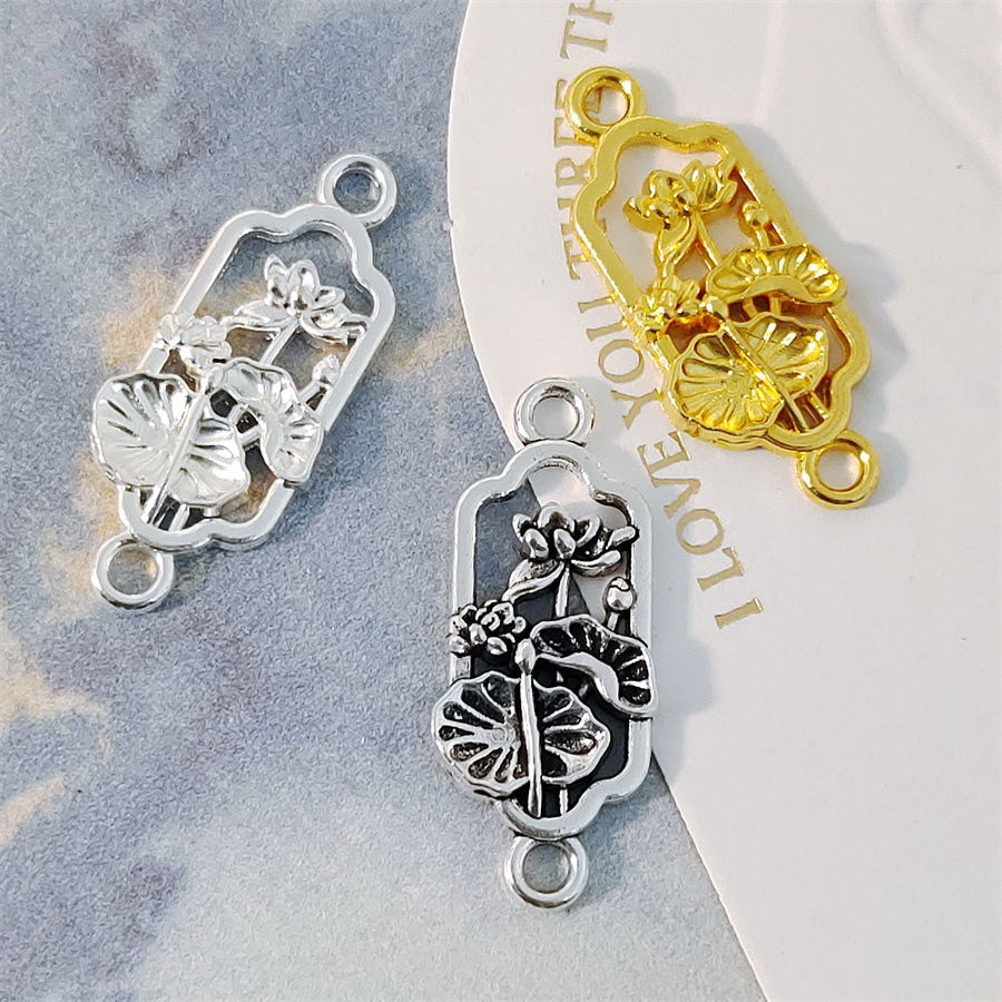 Paduan perak Xizang Lotus merek kuno liontin perak perak cerah Lotus gelang konektor manik-manik DIY perhiasan aksesoris liontin