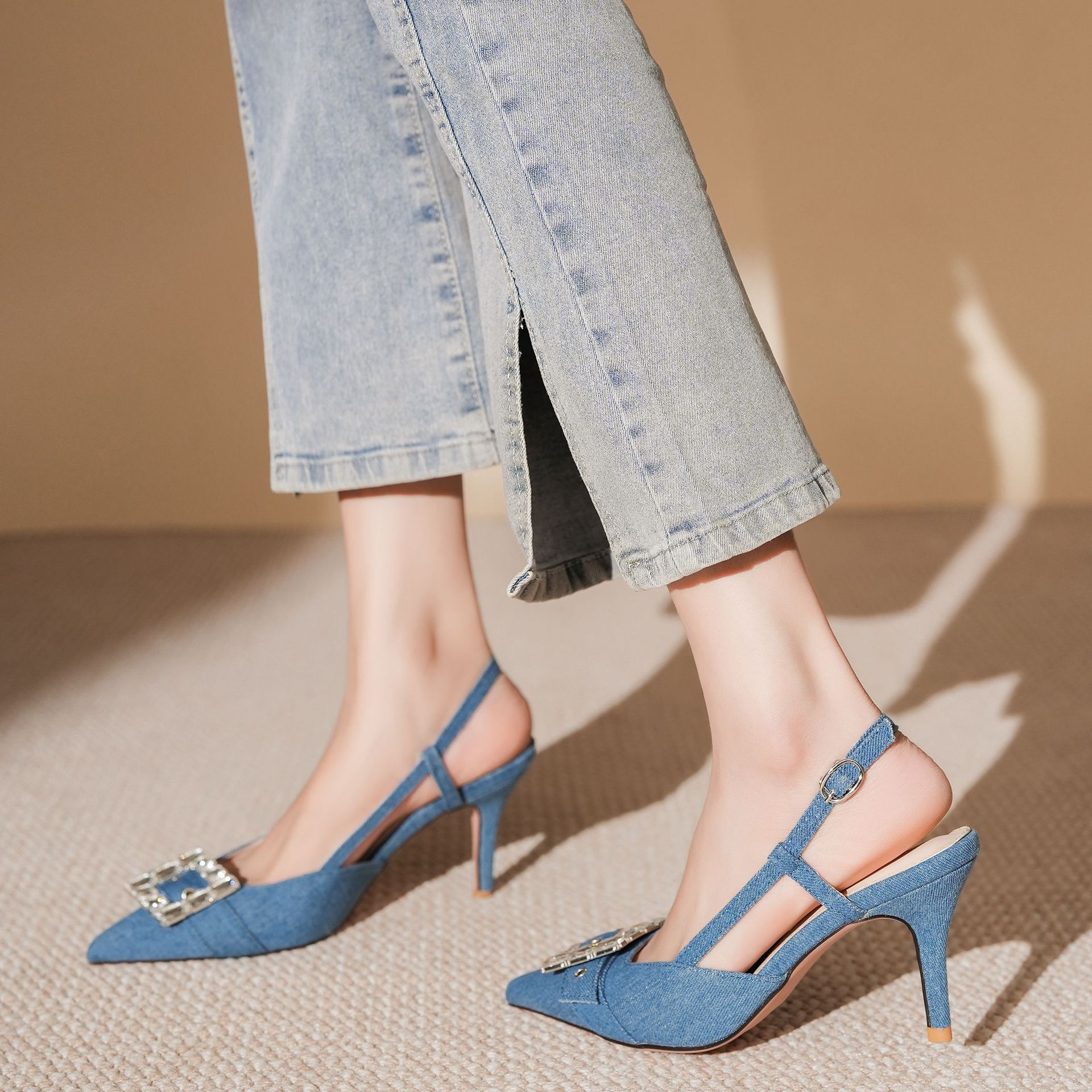 7755-3 Denim Blue Style Bag Open Toe Backless Sandals Thin Heel High Heels Elegant Commuting Professional_voghion.com