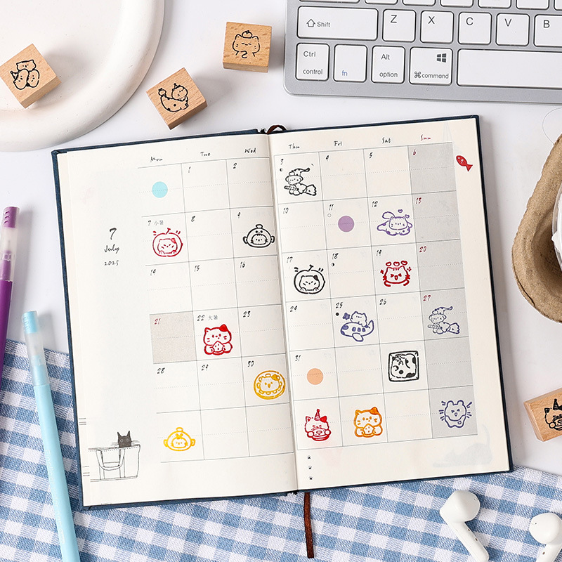 Ocio gato gato dibujos animados madera gato sello de gato bricolaje libro de mano decoración material sello caja de hierro transfronterizo sello de madera