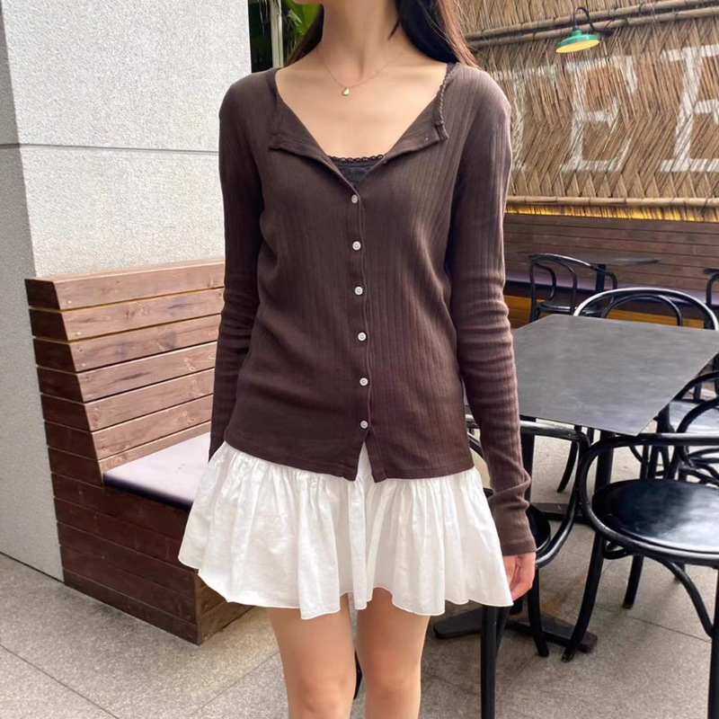 Bm Style Brown Lace Round Neck Long-Sleeved T-Shirt Cardigan Women's Cut Out Bottoming Shirt Versatile Slimming Look Zelly Top