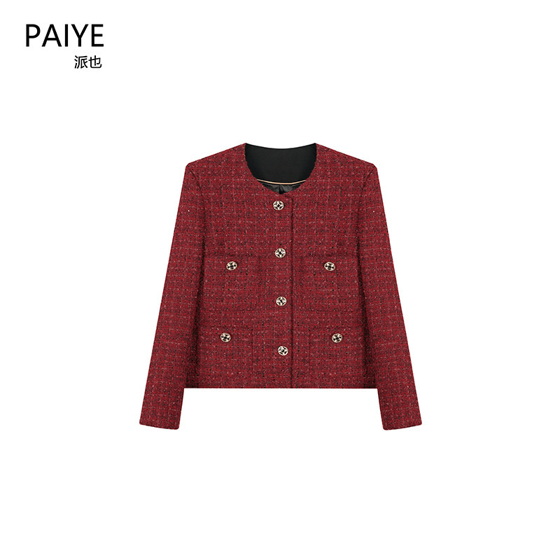 Bright Red Tweed Woven Round Neck Chanel-Style Jacket for Women, New Autumn Slim-Fit Versatile Top A71585