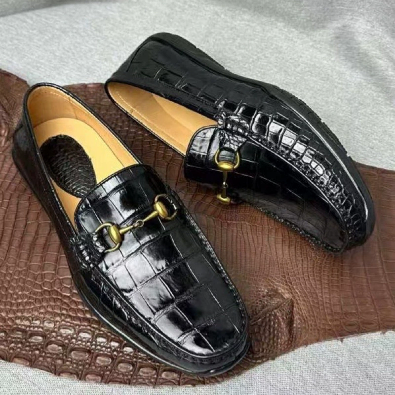 25 мужских туфель-бини из крокодиловой кожи, повседневные и универсальные, мужские туфли из настоящего крокодилового живота, черные износостойкие деловые кожаные туфли