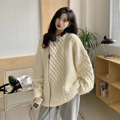 Women's Cozy Knit Sweater, Casual Streetwear High-End Round Neck Woolen Cardigan, Autumn/Winter Trendy Fashion Outerwear