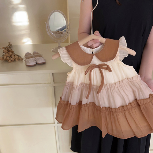Girls Korean style contrasting lapel cake skirt for children and middle-aged children summer fashionable children's lapel sleeveless vest dress foreign trade