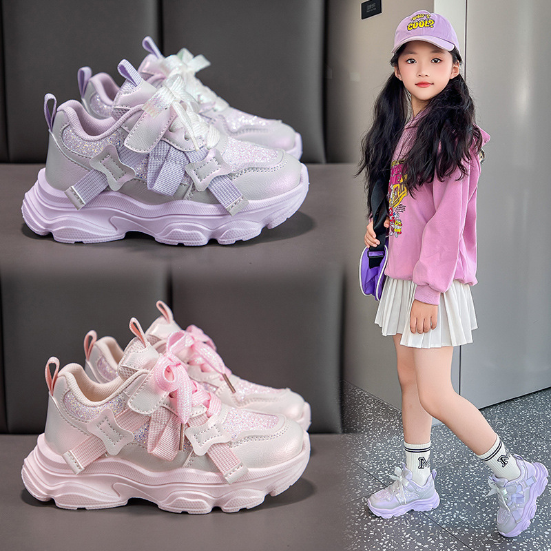 Girls' Shoes, Sports Shoes, Leather Waterproof, Western Style Princess Style 2025 Autumn and Winter New Korean Style Kidsren's Running Shoes, Non-Slip