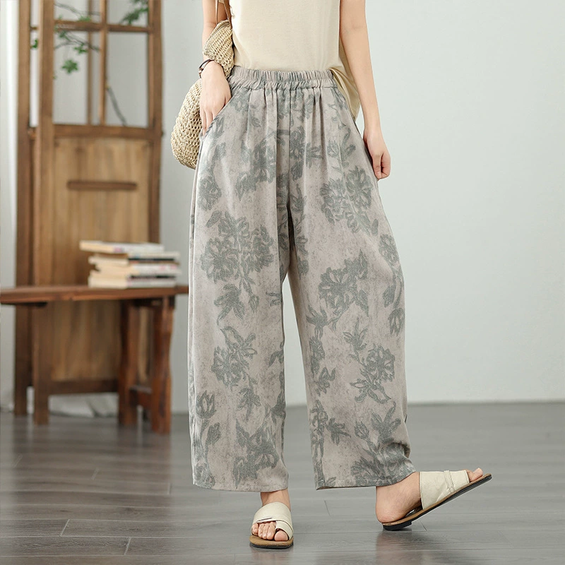 Настоящая летняя тонкая свободная широкая брюки с ретро-принтом, повседневные элегантные универсальные повседневные брюки с высокой талией