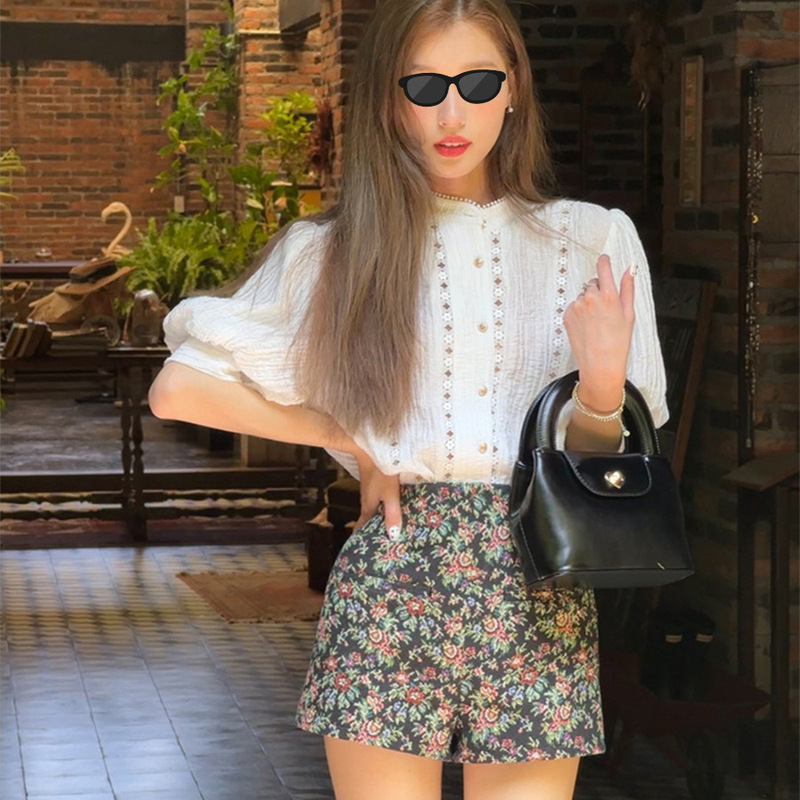 SourceWithU Nanyang daughter 80 expensive lady hollow bubble sleeve French shirt blouse