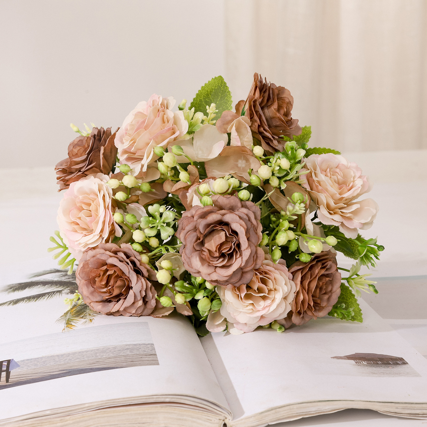 Flores artificiales, ramo decorativo, flores de plástico, rafia, peonía, rosa, arreglo floral, ramo individual, flores secas artificiales, decoración para sala de estar