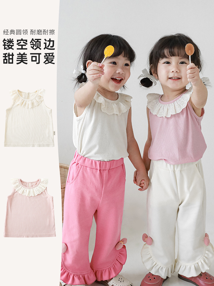 Qiududo muchachas lindas de encaje escote color sólido chaleco verano nuevos niños ropa estilo coreano del bebé delgada superior