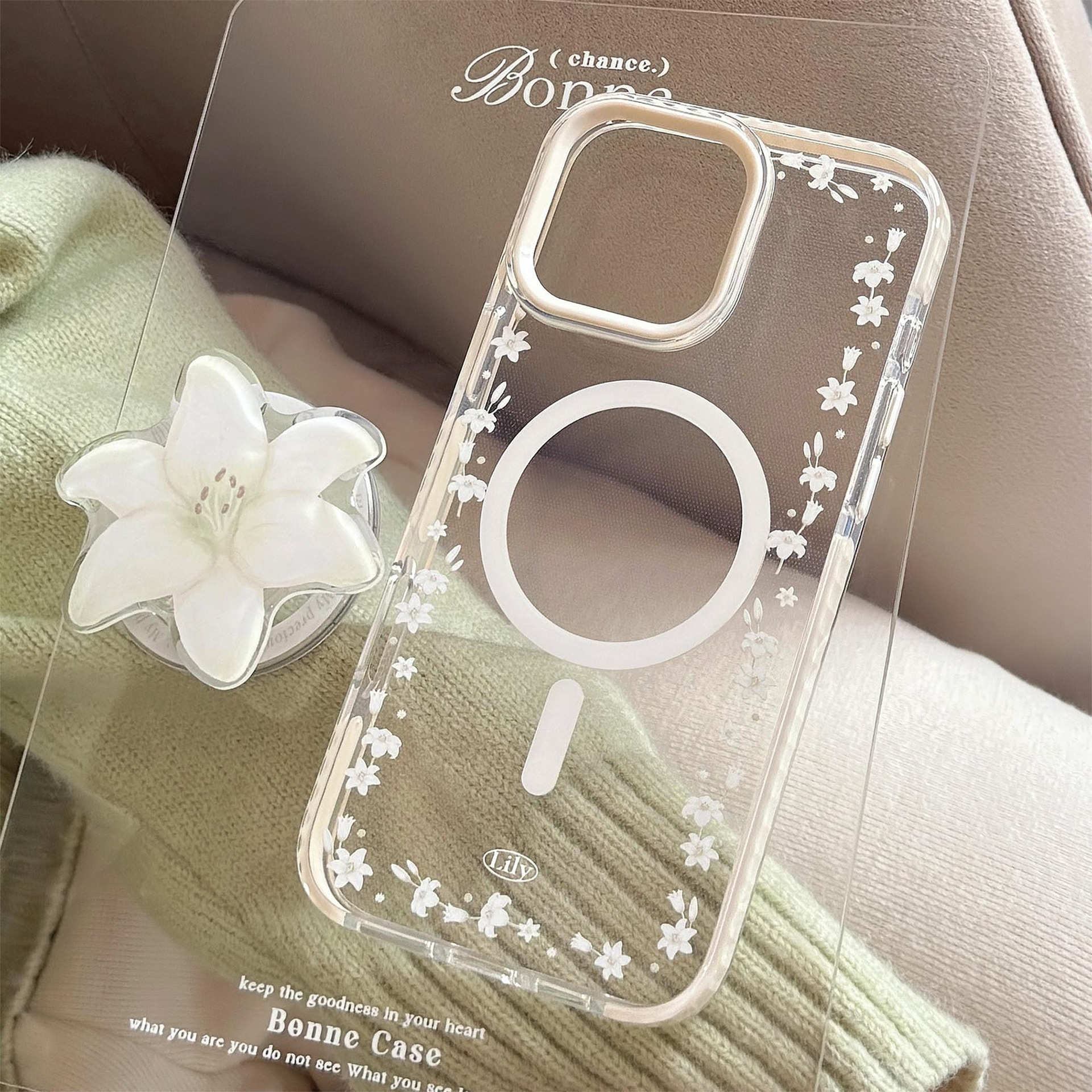 Ins Lilium succión soporte 16pro max transparente iPhone17 caso de teléfono móvil aplicable 13 anti-caída fresco 14