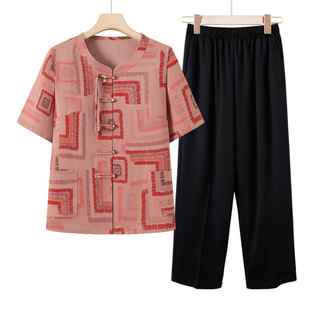Mom's Summer Style Short-Sleeved Shirt Suit for Middle-Aged and Elderly Women Fashionable Breathable Two-Piece Grandma Loose T-Shirt