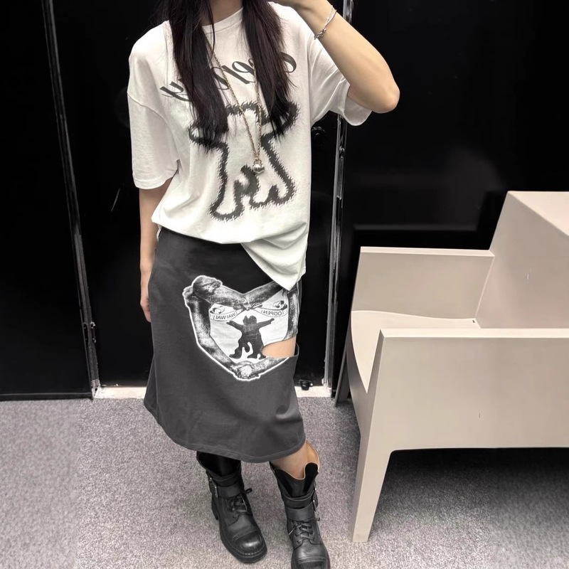Open Yy Korean Trendy Brand Heart Print Asymmetrical Design Cut Ribbon Skirt Slim Midi Skirt Open Yy Korean Trendy Brand Heart Print Asymmetrical Design Cut Ribbon Skirt Slim Midi Skirt
