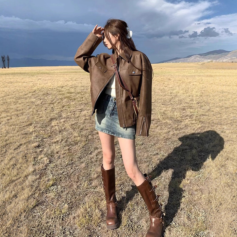 Brown Leather Jacket for Women 2025 Spring & Fall New Maillard American Retro Pu Leather Motorcycle Jacket for Small People Brown Leather Jacket for Women 2025 Spring & Fall New Maillard American Retro Pu Leather Motorcycle Jacket for Small People