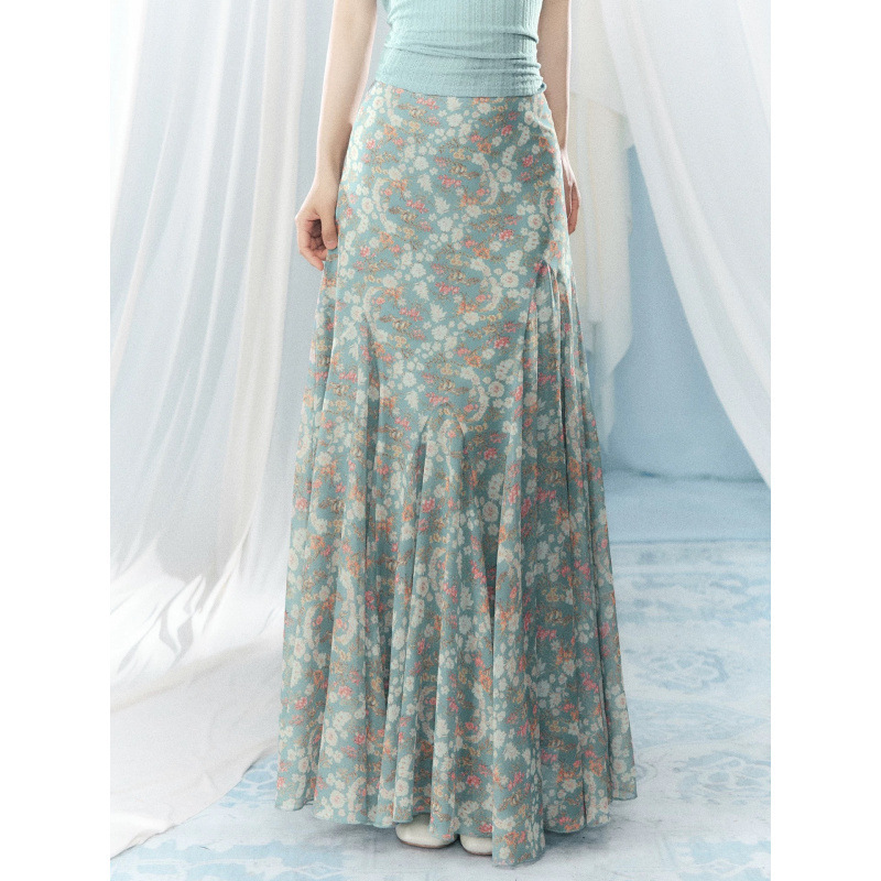 Three Tags Complete, A-Line Floral Print Skirt for Women, New Summer Style, Very Beautiful French Retro High-Waisted Long Skirt