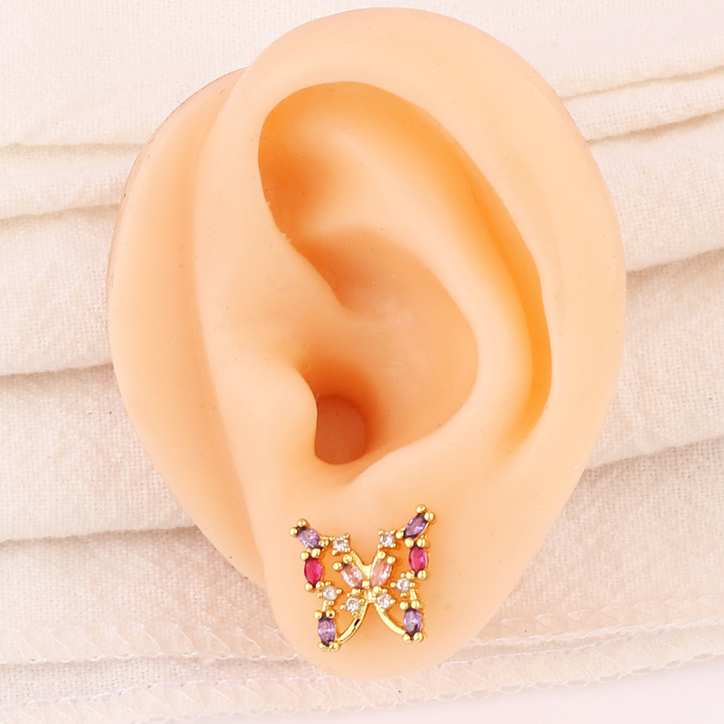 Retro Butterfly Copper Inlay Zircon Ear Studs 1 Pair