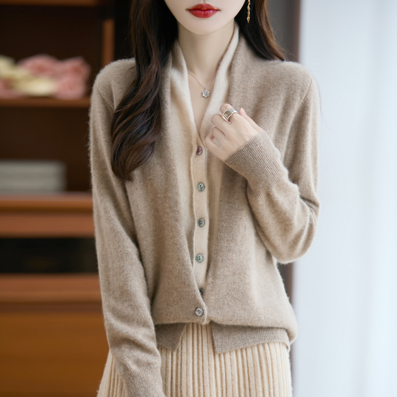 100%纯羊毛假两件开衫女新款V领拼接外套宽松百搭针织外搭上衣|undefined