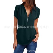 2023速卖通亚马逊ebay款女士V领拉链宽松雪纺衫短袖上衣