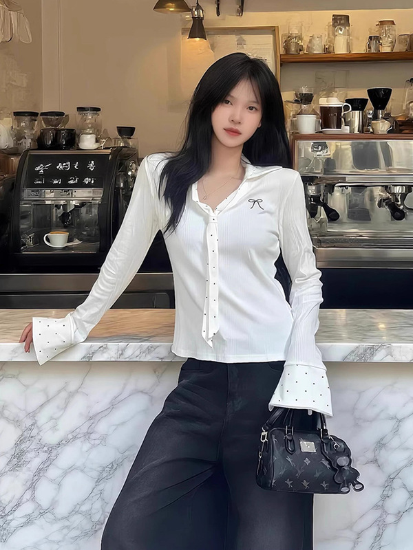 韩系白色波点领带v领长袖t恤女秋季纯欲绝美假两件拼接打底衫上衣|undefined