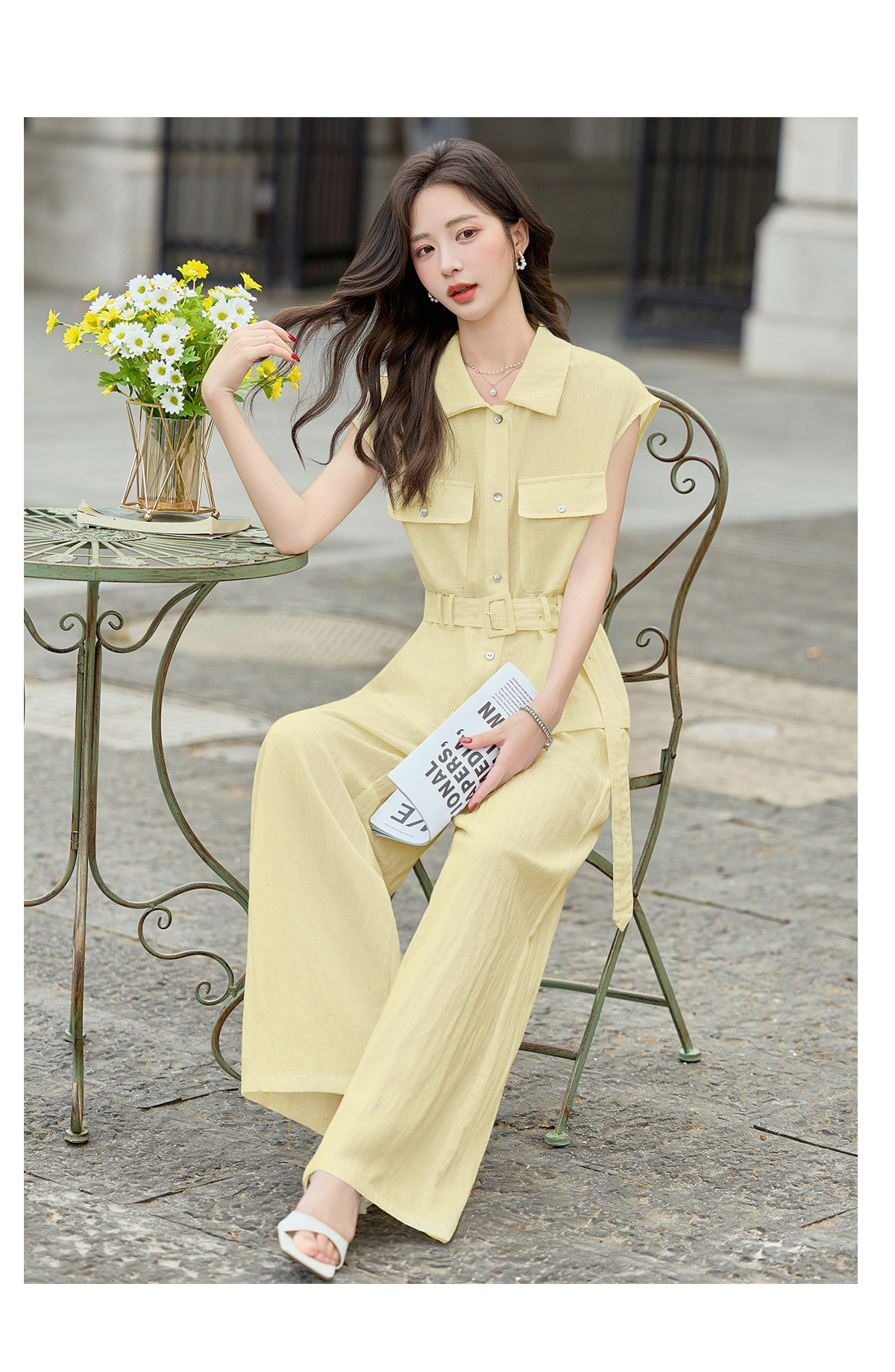 Bộ jumpsuit nữ tay ngắn cổ bẻ ống rộng mùa hè 2026 — màu trắng ngà, màu vàng chi tiết 21