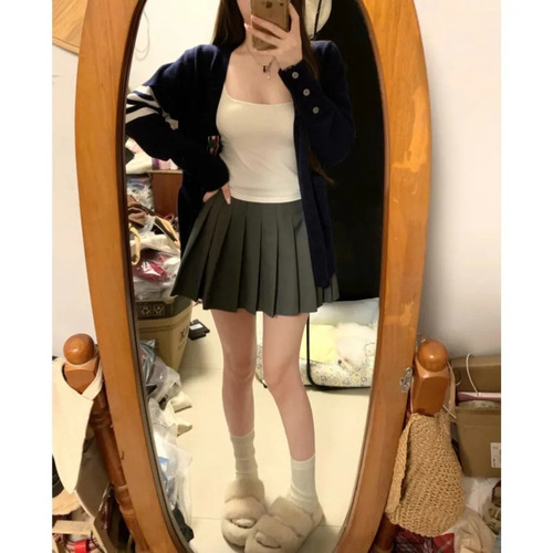 Women's Autumn V-neck Knitted Cardigan Jacket in Navy Blue, Korean Style College Fashion, Slimming, Innerwear Base Shirt Top