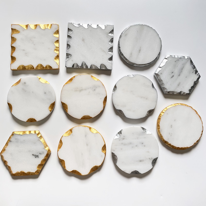 Fábrica al por mayor de mármol natural posavasos ins Borde de oro y plata montaña nórdica borde mantel Venta caliente
