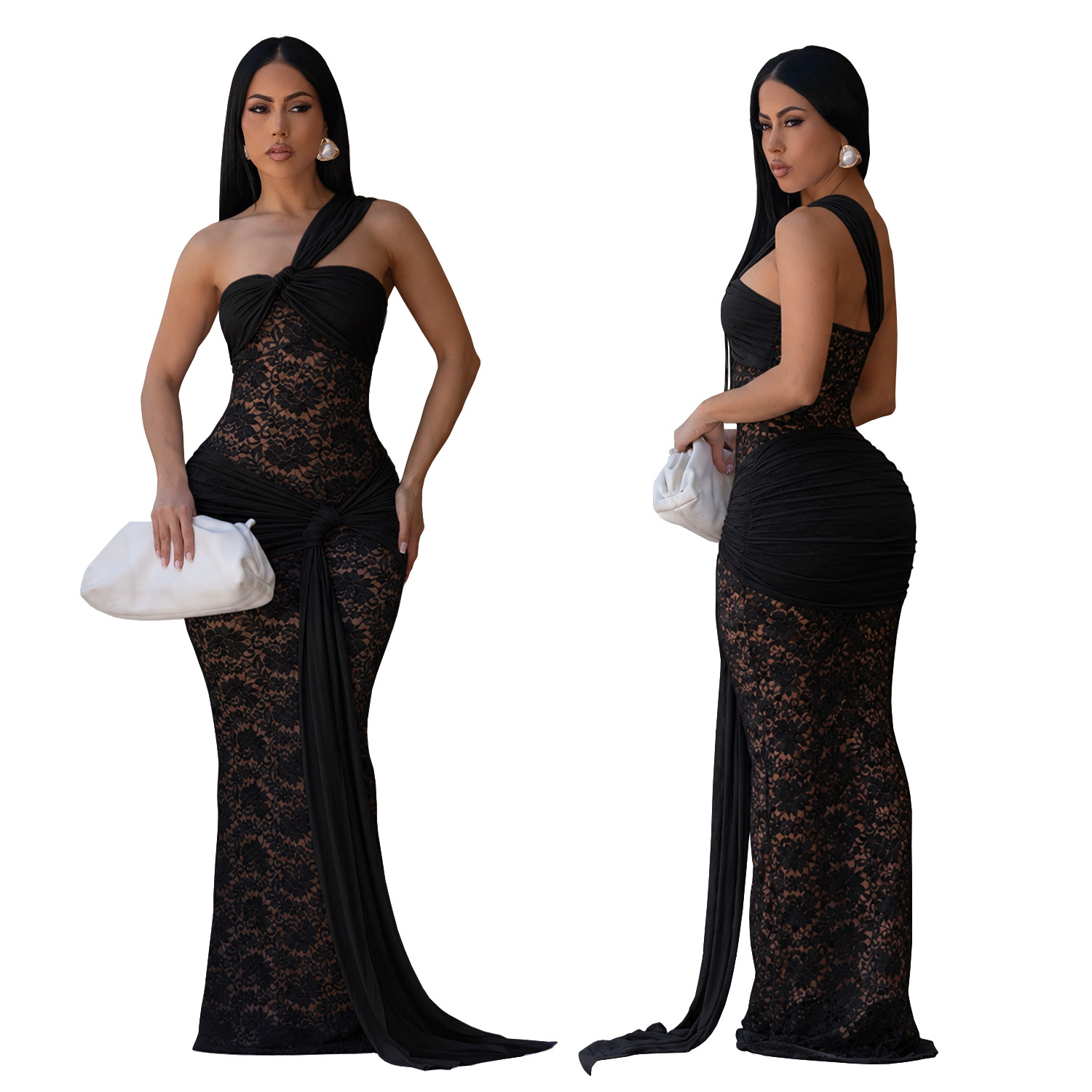 Sexy bodycon jurk van kant met eén schouder voor dames_voghion.com