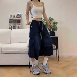 美式复古牛仔短裤男女款夏季宽松休闲七分裤潮牌多口袋阔腿裤跨境