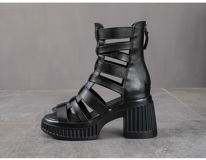 Sandal cao gót nữ da bò thật hở mũi quai ngang gót vuông 9 cm — màu đen chi tiết 11