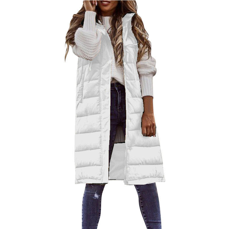 Europa y América nueva moda casual Chaqueta de algodón acolchado de color sólido con capucha chaleco Delgado elegante cardigan sin mangas abrigo de longitud media para las mujeres image 14