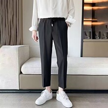 韩版抽绳松紧腰休闲西裤男装青年裤子商务九分裤春秋薄款小脚裤子