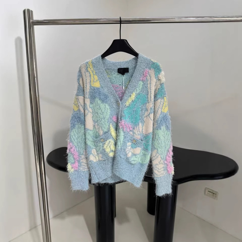 Nanyou Direct Supply 2025 Early Autumn Handmade Feather Trim Color Block Floral V-Neck Knitted Cardigan Stylish Tassel Top