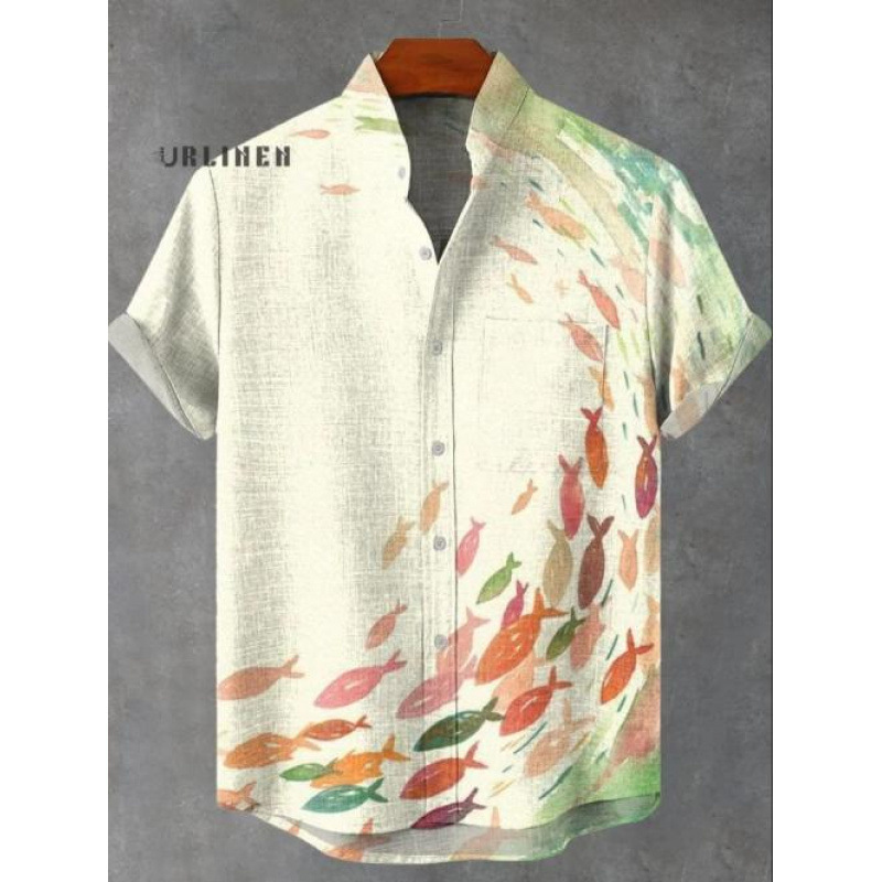 Cross-Border Fashion Design Men's Stand Collar Short-Sleeve Shirt with Orangutan and Elephant 3D Digital Print, Youthful and Trendy