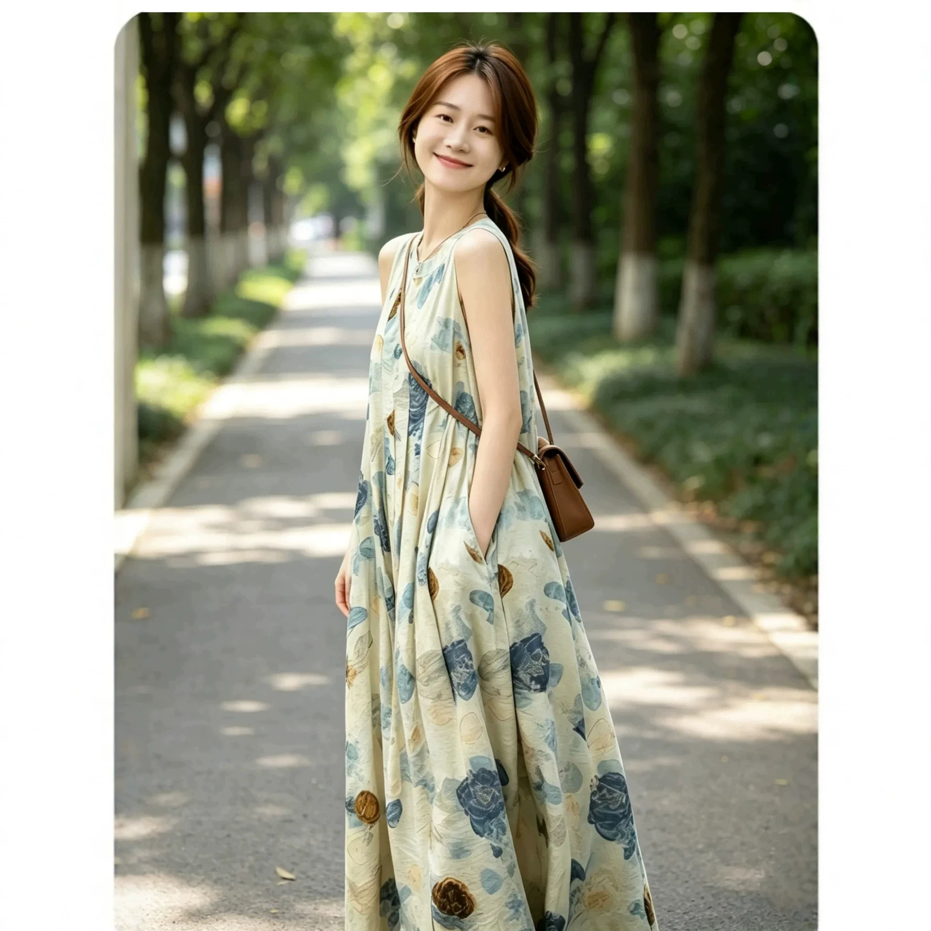 Đầm maxi nữ thắt eo cổ tròn không tay họa tiết hoa nhí — Váy in màu xanh chi tiết 2