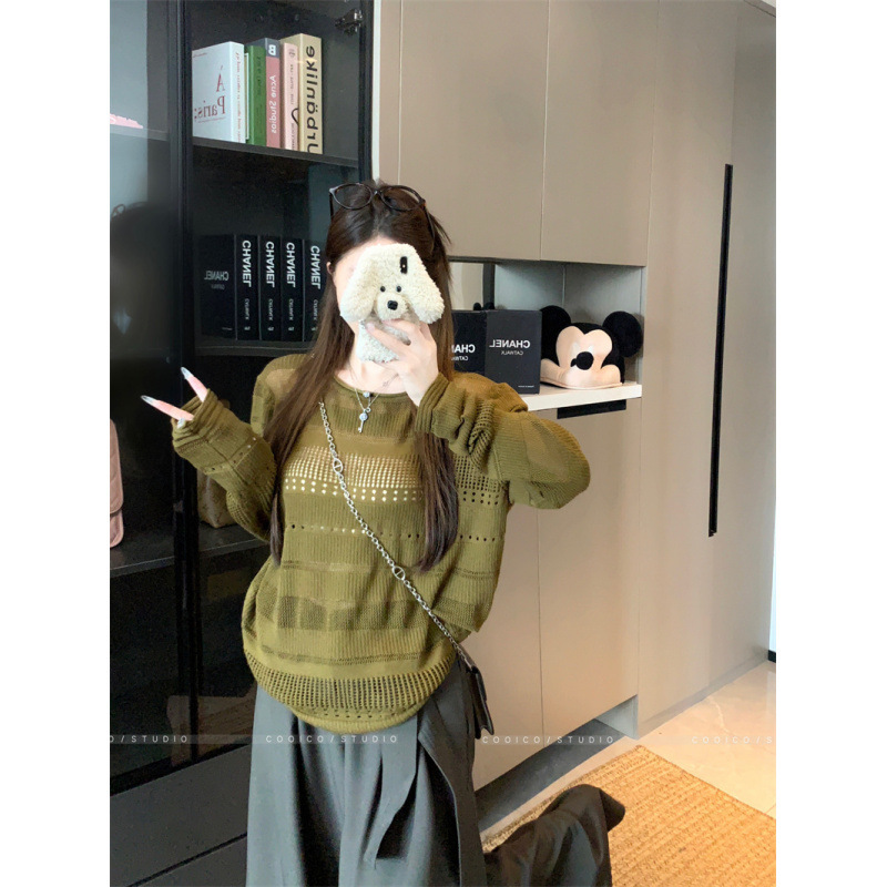 韩系气质辣妹重工镂空提花慵懒高级感针织罩衫女上衣|undefined