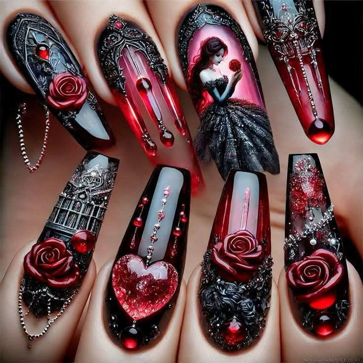 Gothic Rose Wearable Nails Lover Fake Nails Manicure 24 Pieces Heart-Shaped Wine Red Armor Nail Tips Wholesale Gothic Style
