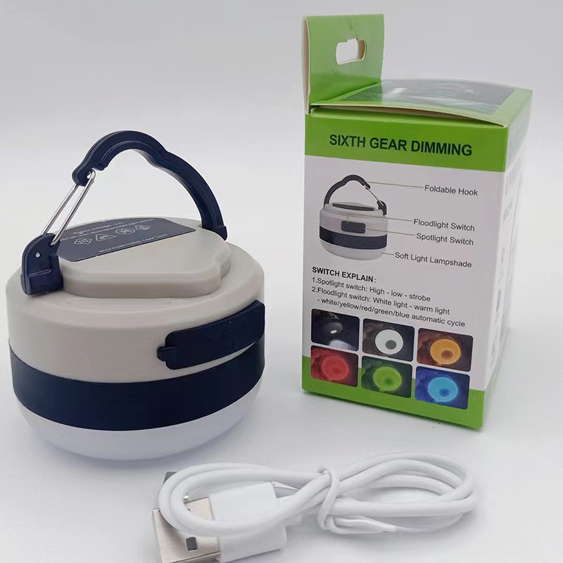 Nuevo al aire libre recargable linterna de luz fuerte portátil multi-funcional luz cálida que cambia de color camping campamento linterna luz de la tienda