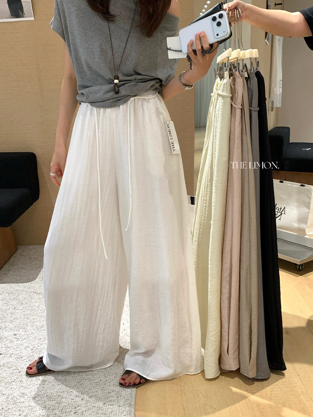 Quần culottes ống rộng cạp chun rút dây chất liệu linen mùa hè — Vàng nhạt, màu đen, trắng ngà, màu hồng chi tiết 10