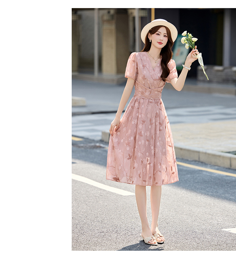 Đầm maxi nữ thắt eo tay bồng họa tiết hoa nhỏ cổ chữ V phong cách tea dress — Màu hồng, màu vàng chi tiết 21