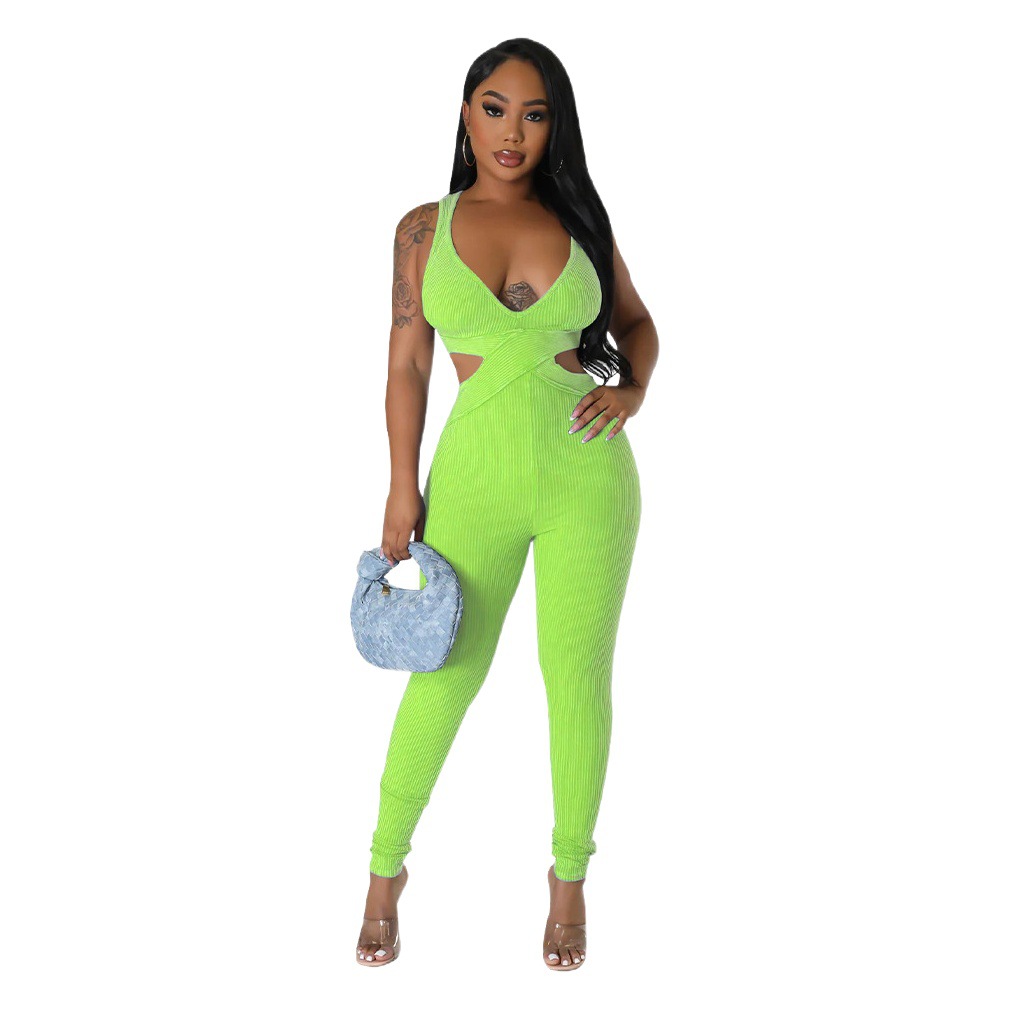 K10515 Pantalones de mujer de moda transfronteriza europea y americana Amazon 2023 popular sin mangas sexy profundo cuello en V mono apretado image 1