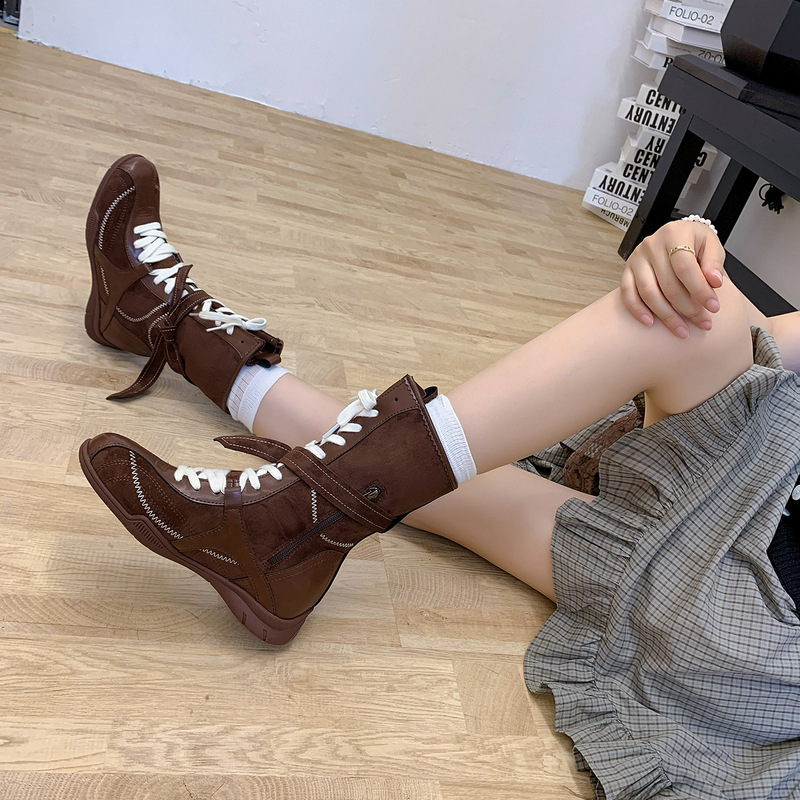 拳击靴6cm内增高复古马丁靴女2025秋季新款西部靴拼色系带拳击鞋|undefined