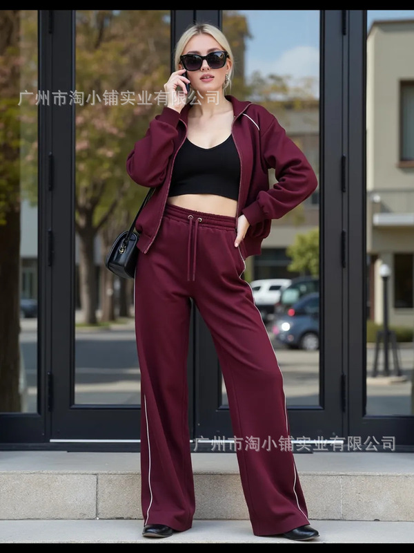 欧美2025春秋新款洋气百搭撞色休闲运动套装时尚侧开叉直筒裤套装|undefined