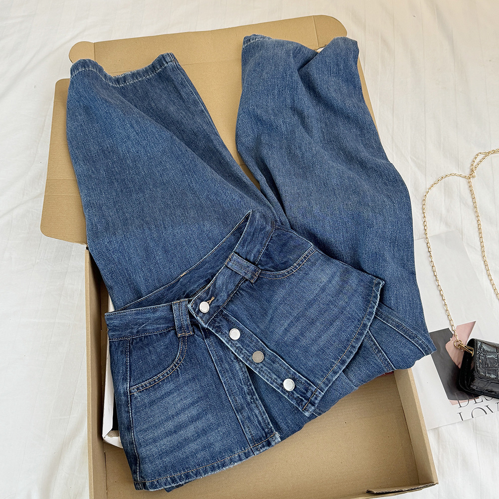High-Waisted Faux Two-Piece Slimming Wide Leg Denim Culottes Casual Straight Leg Loose Fitting Summer Trendy Women's Jeans_ecoleips.com
