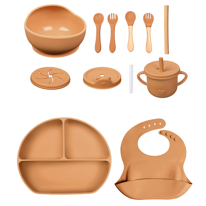 Conjunto de cubiertos para niños tazón de alimentos suplementarios platos de silicona tazón de cuchara de tenedor bib taza de agua de grado alimenticio para bebés alimentación suplementaria