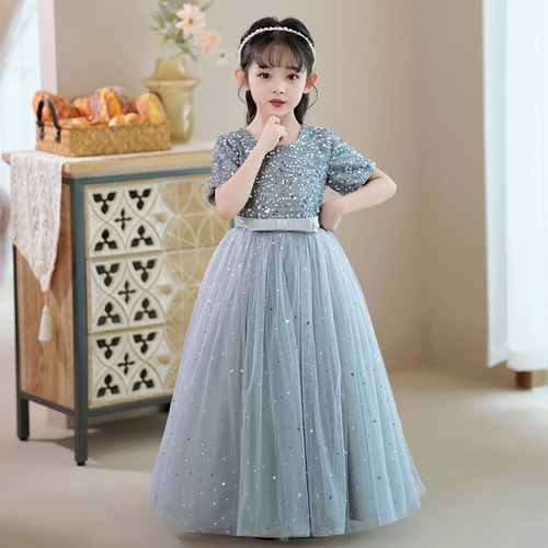 Girls summer long short-sleeved mesh tutu skirt evening dress sequined sweet host show singing competition long skirt