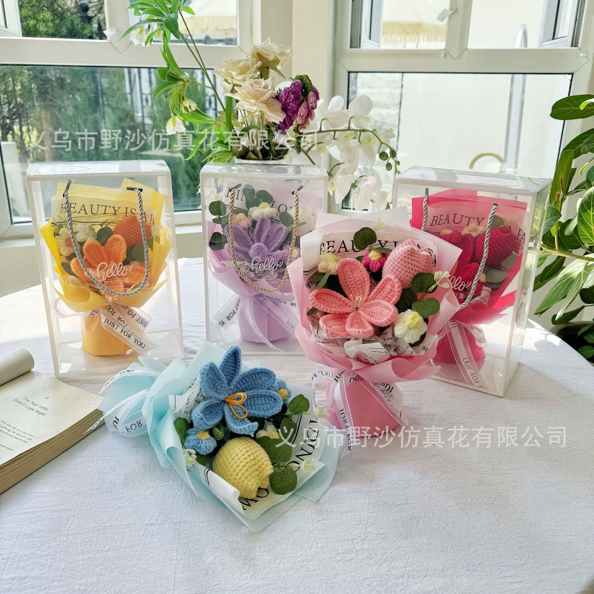 新款毕业季PVC盒手提毛线花束母亲节花情人节礼物外贸跨境伴手礼