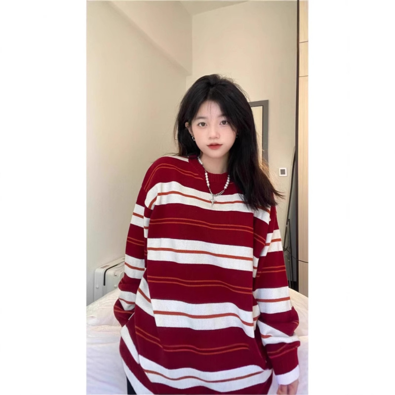 Korean Style Lazy Retro Red and White Striped Sweater Women's Clothing 2024 Autumn and Winter Niche Design Pullover Knitwear Korean Style Lazy Retro Red and White Striped Sweater Women's Clothing 2024 Autumn and Winter Niche Design Pullover Knitwear