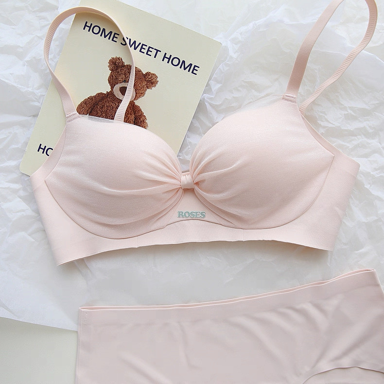 Gentle Atmosphere ~ Light Gauze Bow Sweet Intimates for Women Pure Desire Seamless Small Breast Push-Up Bra Set Without Rims