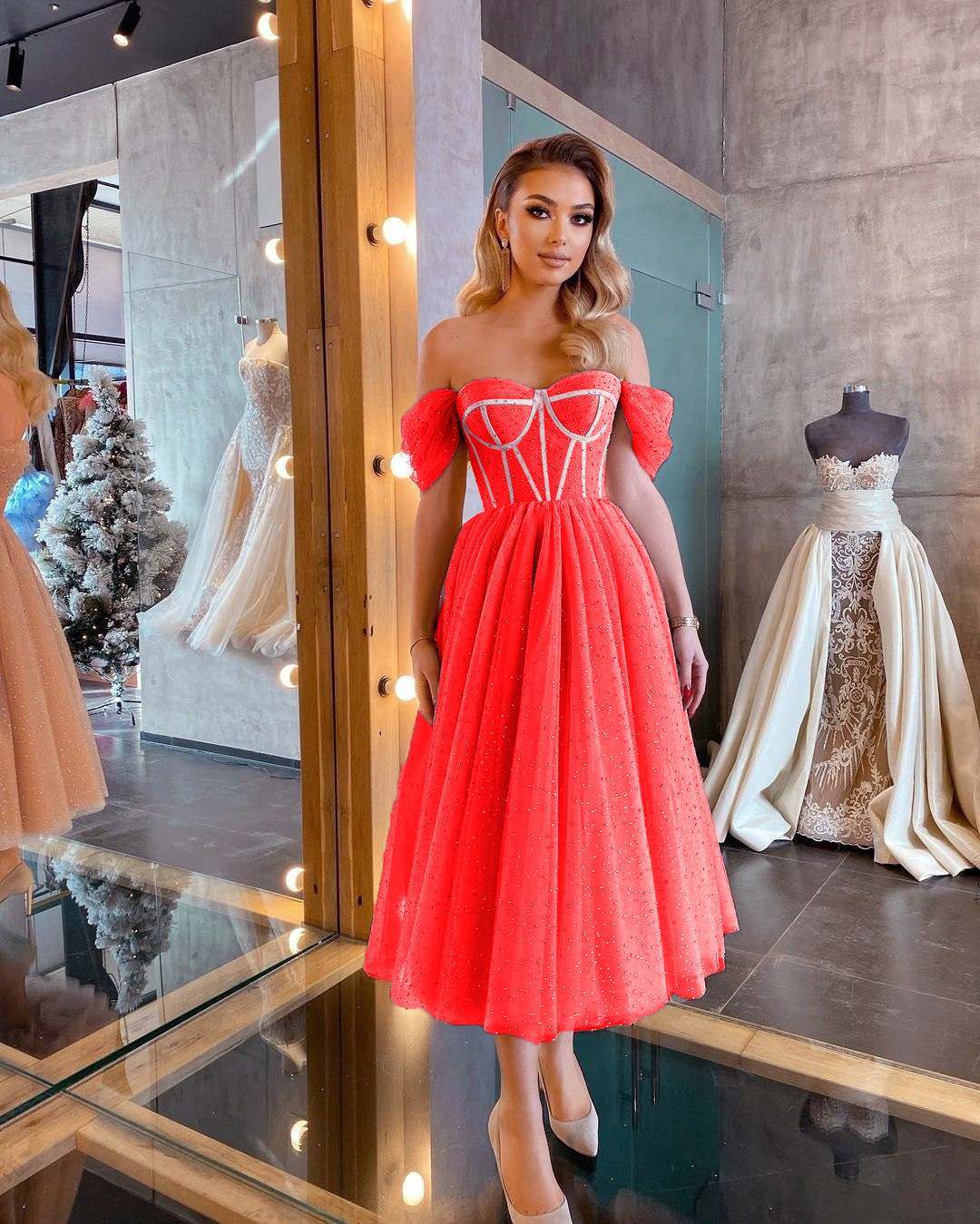 Estilo europeo y americano elegante lentejuelas princesa media longitud boda vestido de noche de moda rojo grande swing vestido de noche